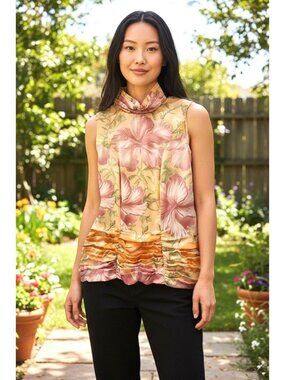 Floral Sleeveless High-Neck Top With Ruched Hem And Pastel Hibiscus Print